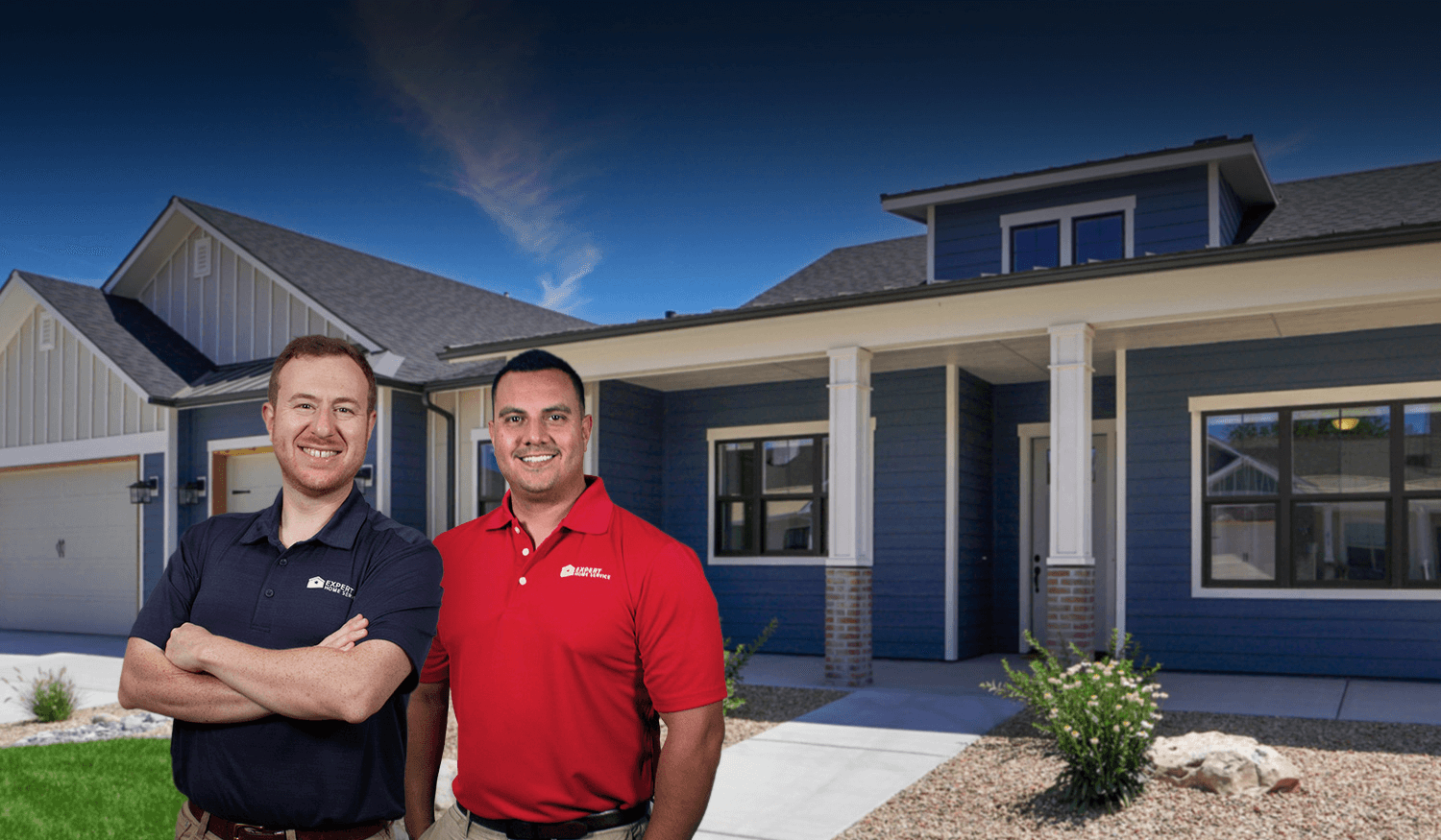Expert Home Service technicians smiling in front of residential home in Wesley Chapel, FL