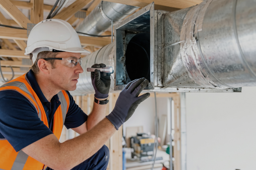 Expert Home Service technician inspecting ductwork for air quality issues