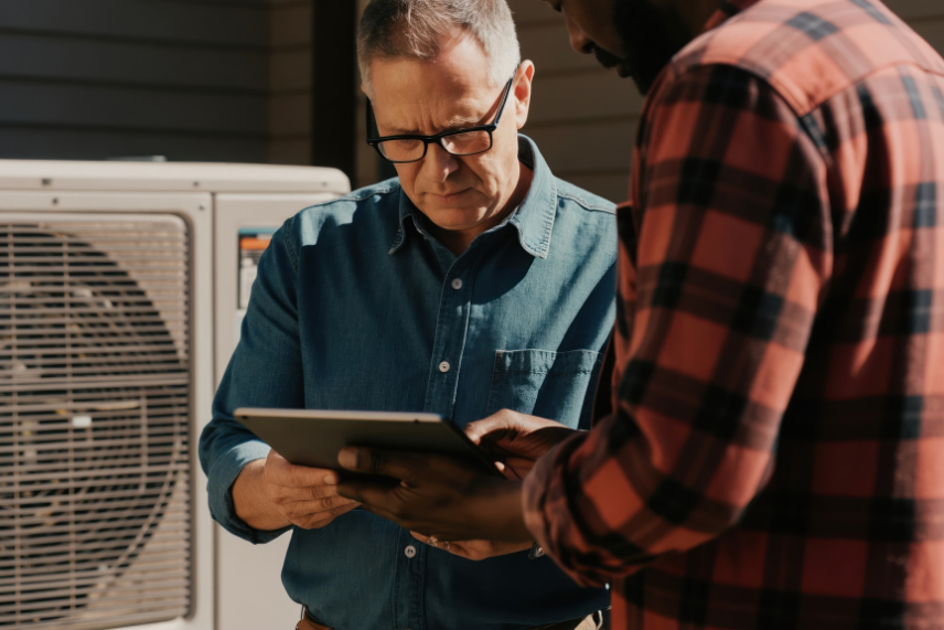 Expert Home Service technician walking a homeowner through heating installation options