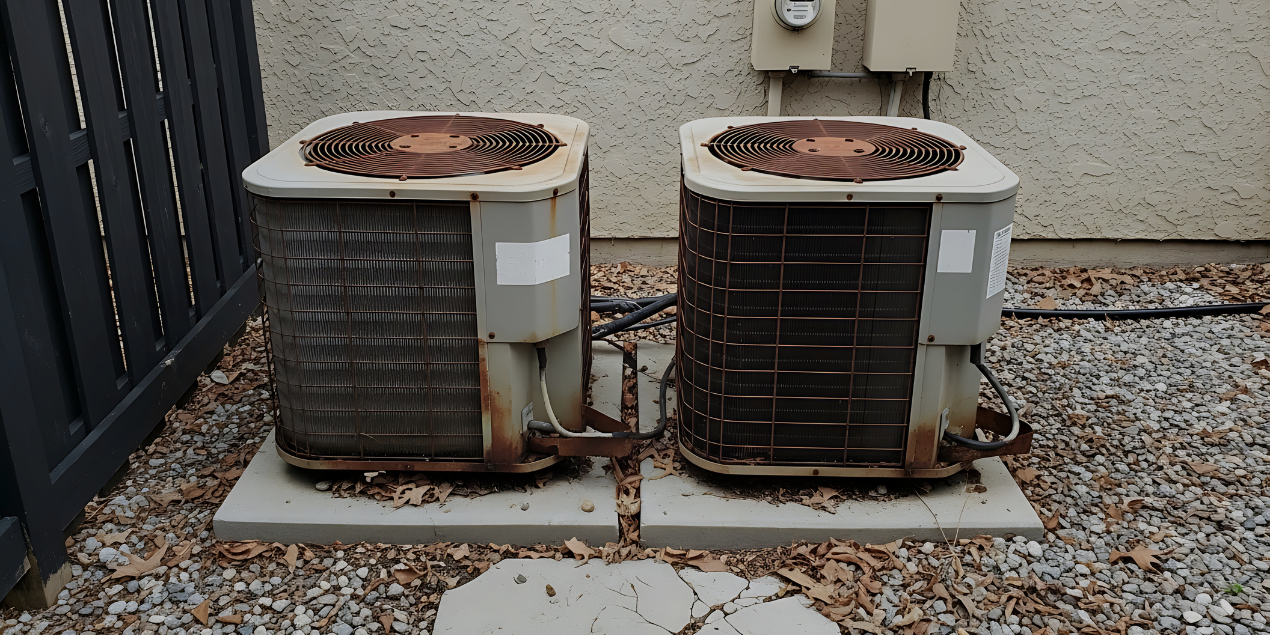Worn and rusted outdoor AC condensers in Florida — signs of aging HVAC systems