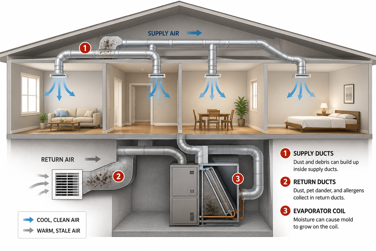 Where dust and mold build up in home ductwork