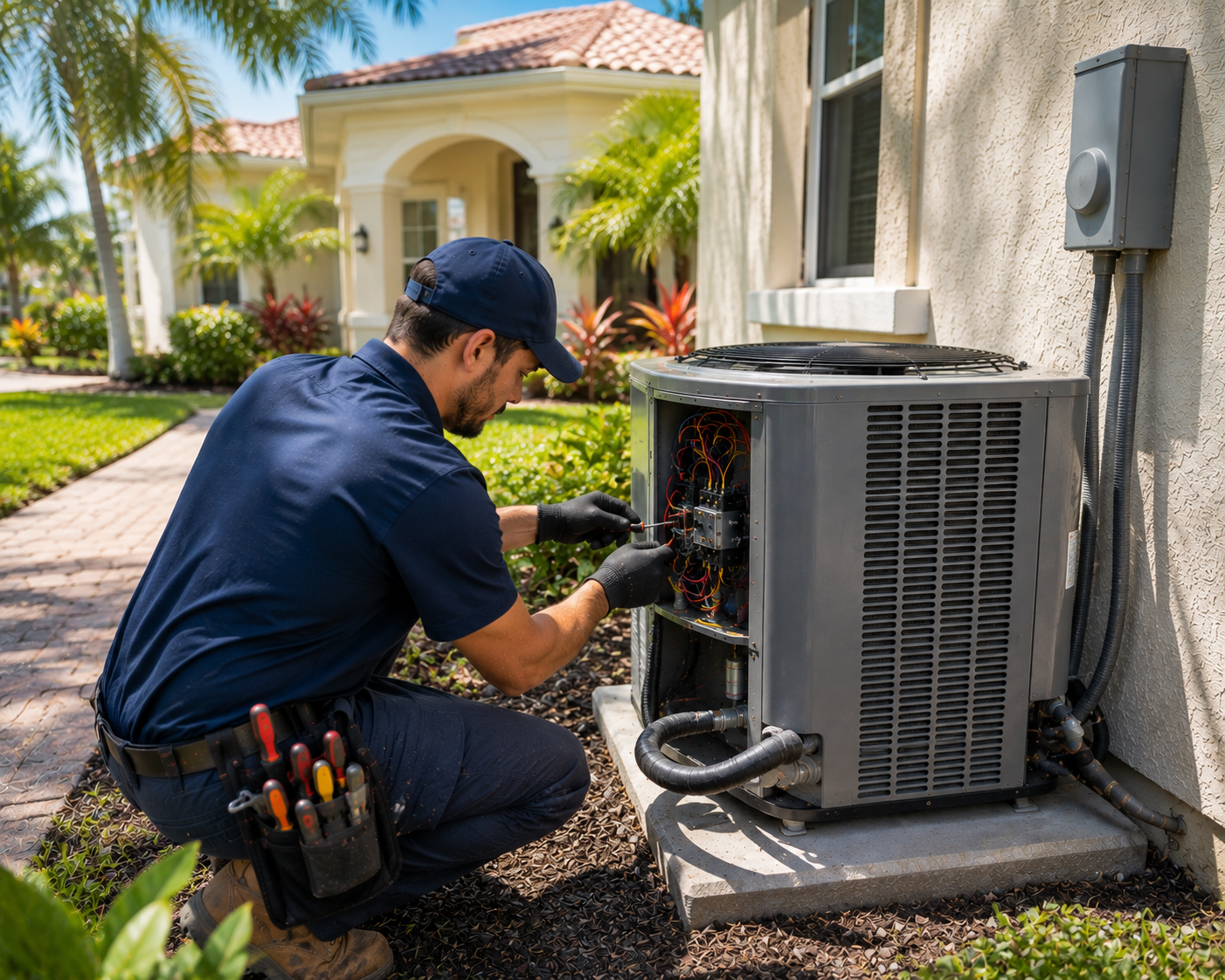 Expert Home Service technician servicing an outdoor AC condenser in Tampa FL