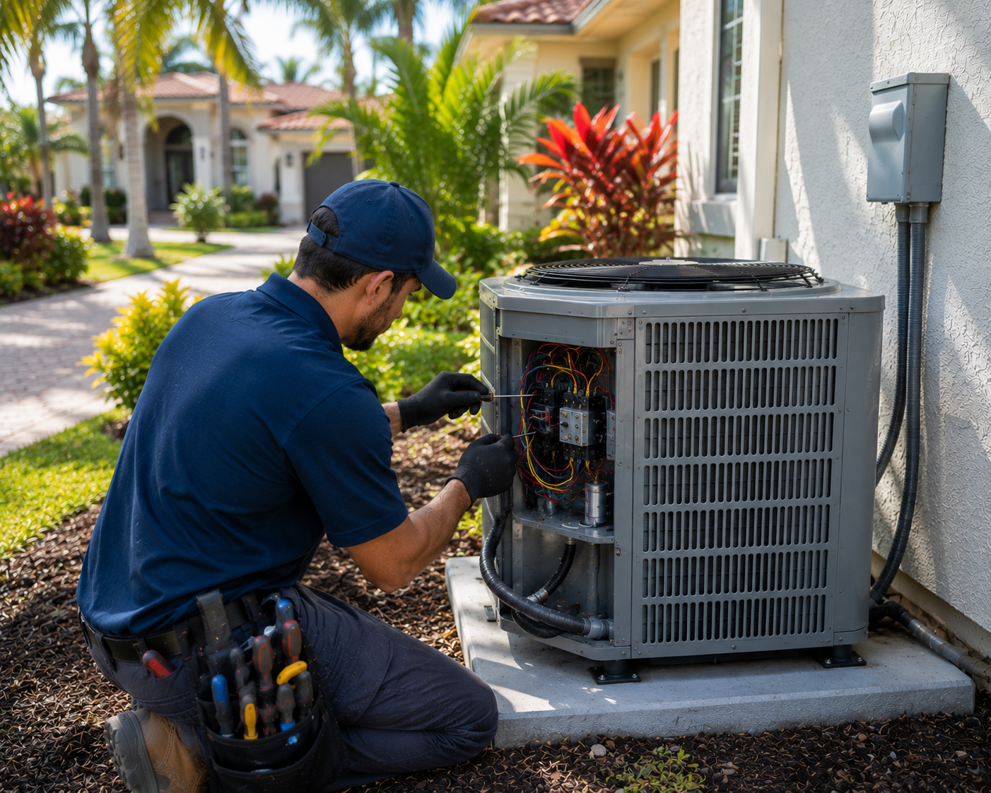 Expert Home Service technician servicing an outdoor AC condenser in Clermont FL