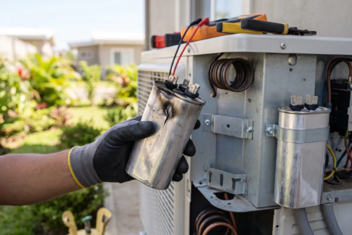 Gloved technician replacing a failed capacitor in an outdoor AC unit in Hillsborough County, FL, the local HVAC contractor near me.